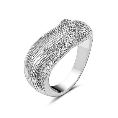 Sterling Silver Ring Width 5mm Texture Finishing with Clear Cubic Zirconia Rhodiu