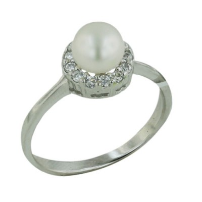 Sterling Silver Ring with Fresh Water Pearl 6.5mm Clear Cubic Zirconia Around