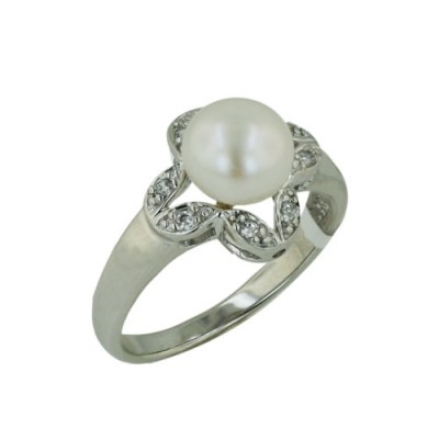 Sterling Silver Ring Open 4 Side Clear Cubic Zirconia Around with 8mm Fresh Water Pearl