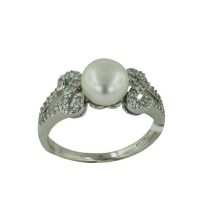 Sterling Silver Ring "S" Clear Cubic Zirconia on both Sides of 8mm Fresh Water Pearl