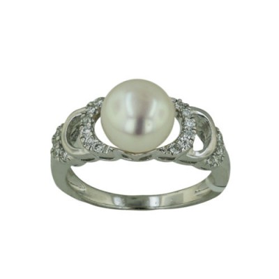 Sterling Silver Ring 9mm Potato Fresh Water Pearl with Alternating Clear Cubic Zirconia "C"