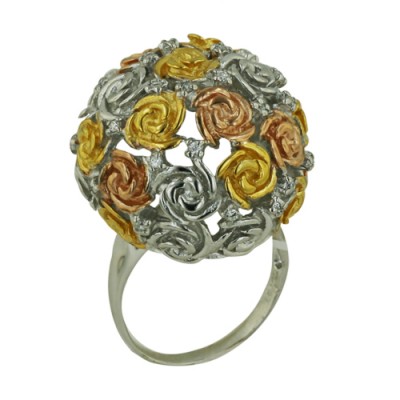 Sterling Silver Ring of Bundle of Roses with 3 Tones of Gold/Ro