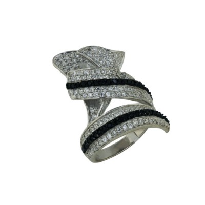 Sterling Silver Ring Rope Around with Clear and Black Cubic Zirconia