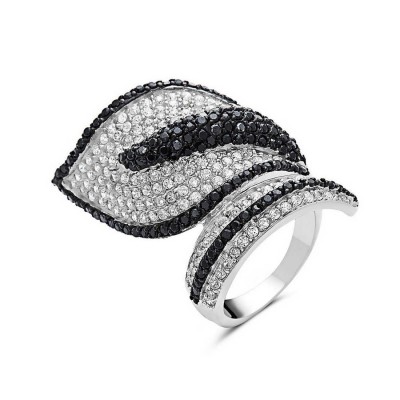 Sterling Silver Ring Leaf with Clear and Black Cubic Zirconia