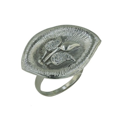 Sterling Silver Rhodium Plated Ring Concave Petal with Clear Cubic Zirconia