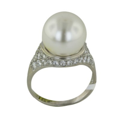 Sterling Silver Ring Clear Cubic Zirconia with 12-12mm Shell Pearl