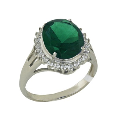 Sterling Silver Ring 12mm/10mm Oval Emerald Earth Glass with Clea