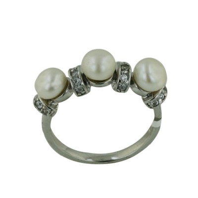 Sterling Silver Ring with 3 Potato 6mm Fresh Water Pearl with 4 Clear Cubic Zirconia Sections