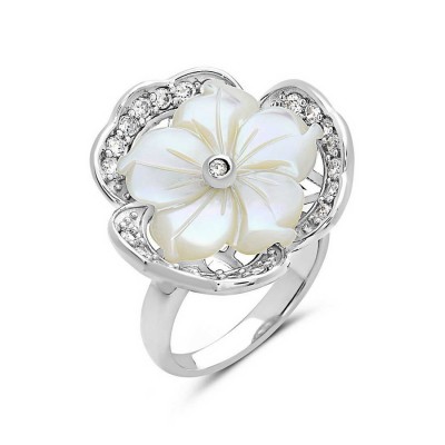 Sterling Silver Ring 17mm Flower Mother of Pearl with Petal Clear Cubic Zirconia with Filig