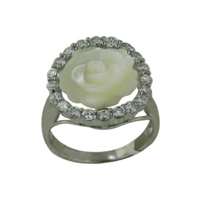 Sterling Silver Ring with 14mm Flower Mother of Pearl with Circle Clear Cubic Zirconia