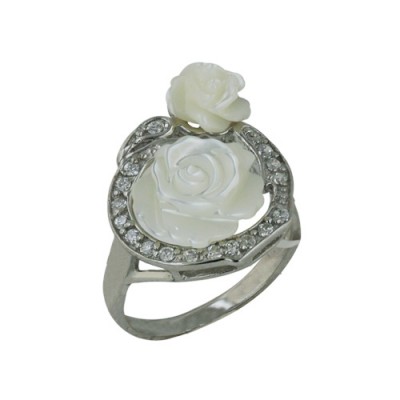 Sterling Silver Ring with 2 Mother of Pearl Flower with Clear Cubic Zirconia