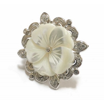 Sterling Silver Ring 25.5mm Mother of Pearl with Clear Cubic Zirconia