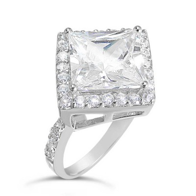 Sterling Silver Ring 11mm Rhombus Clear Cubic Zirconia with Clear Cubic Zirconia Border