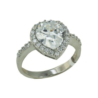 Sterling Silver Ring T Drop 12mm/9mm Clear Cubic Zirconia Center with Clear C