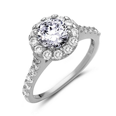 Sterling Silver Ring Round Clear Cubic Zirconia Center with Clear Cubic Zirconia Border