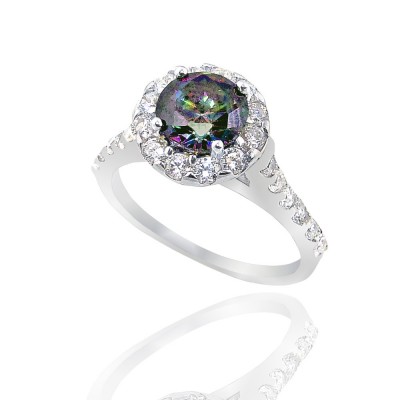 STERLING SILVER RING ROUND MYSTIC TOPAZ CUBIC ZIRCONIA WITH CLEAR CUBIC ZIRCONIA OUTLINE