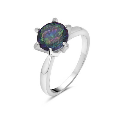 Sterling Silver Ring 9mm Sky Blue Rainbow Mystic Cubic Zirconia with Prongs