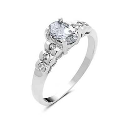 Sterling Silver Ring 5-6.5mm Oval Clear Cubic Zirconia 4-Prong with Clear Cubic Zirconia on Bo