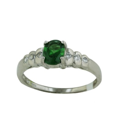 Sterling Silver Ring 5-6.5mm Oval Emerald Glass 4-Prong with Clear C