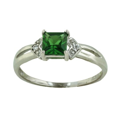 Sterling Silver Ring 5-5mm Square Emerald Glass with Clear Cubic Zirconia