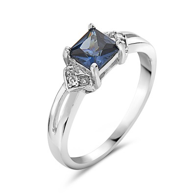 Sterling Silver Ring 5-5mm Square Sapphire Glass with Clear Cubic Zirconia