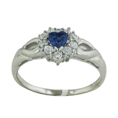 STERLING SILVER RING HEART SHAPE SAPPHIRE GLASS W/CL CUBIC ZIRCONIA AROUND