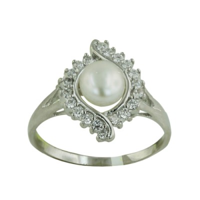 Sterling Silver Ring 6.2-6.2mm Fresh Water Pearl with by Pass Clear Cubic Zirconia Lines