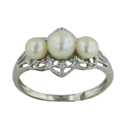 Sterling Silver Ring Filigree with 3 Fresh Water Pearl (5.5mm+4.7mm+4.7mm)