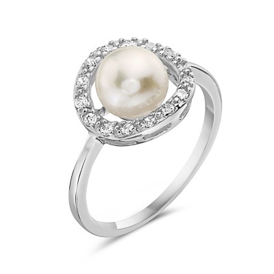 Sterling Silver Ring 9mm Fresh Water Pearl with Clear Cubic Zirconia Around
