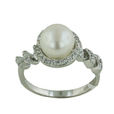 Sterling Silver Ring 7.5-8mm Fresh Water Pearl with Clear Cubic Zirconia Line Wrap on Band