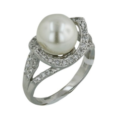 Sterling Silver Ring 7.5-8mm Fresh Water Pearl with Clear Cubic Zirconia Boat Base