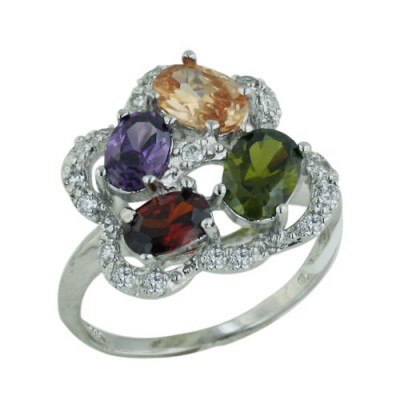 Sterling Silver Ring Multicolor-Color Cubic Zirconia Cluster Olivine+Garnet +Champagne+Amethyst with Clear
