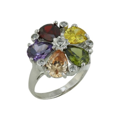 Sterling Silver Ring Multicolor-Color Cubic Zirconia Flower 5 Petal Tear Drop Citrine+Olivine