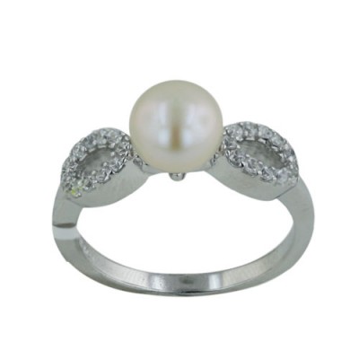 Sterling Silver Ring Fresh Water Pearl 7- 8mm Open Marquis Clear Cubic Zirconia Side