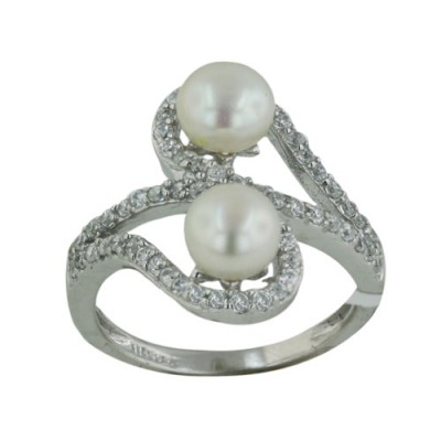 Sterling Silver Ring Fresh Water Pearl 2 Pcs 6.5 mm by Pass Clear Cubic Zirconia Line
