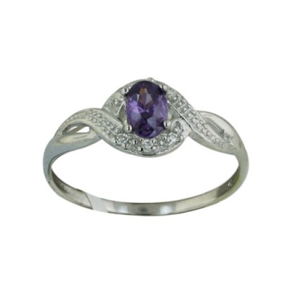 Sterling Silver Ring Wavy Clear Cubic Zirconia Lines with Oval Amy Cubic Zirconia 4 Prong