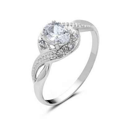 Sterling Silver Ring Wavy Clear Cubic Zirconia Lines with Oval Clear Cubic Zirconia 4 Prong