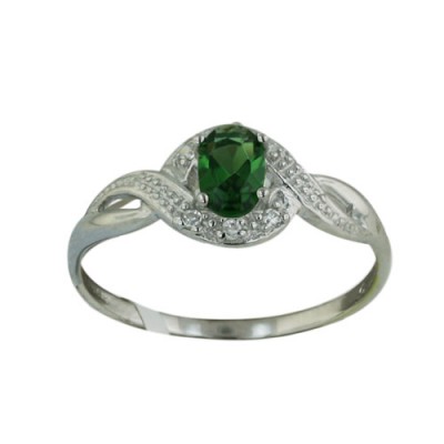 Sterling Silver Ring Wavy Clear Cubic Zirconia Lines with Oval Em Earth Glass 4 P