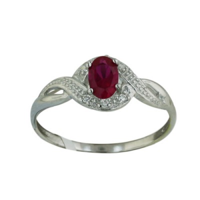 Sterling Silver Ring Wavy Clear Cubic Zirconia Lines with Oval Synthetic.Ruby 4 Prong