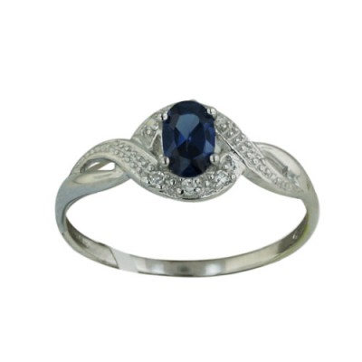 Sterling Silver Ring Wavy Clear Cubic Zirconia Lines with Oval Sapphire Earth Gla