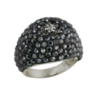 Sterling Silver Ring Dome Black Cubic Zirconia Pave Ferido with Clear Cubic Zirconia Flower Cen