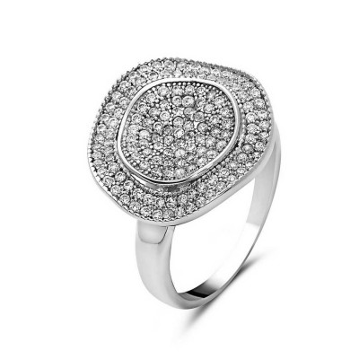 Sterling Silver Ring Flat Round Center Bent Side All Paved with C