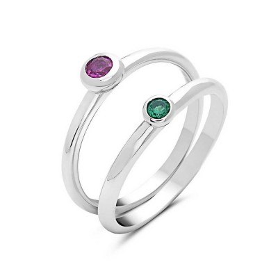Sterling Silver Ring 2Pc Stackable Ruby Glass, Nano Green Glass