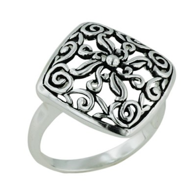 Sterling Silver Ring Filigree Diamond Shape with Antiq Brushing