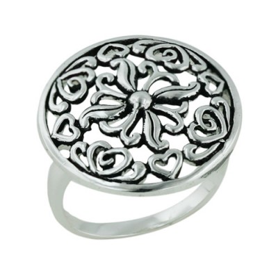 Sterling Silver Ring Filigree Circle with Hearts Antiq Brushing