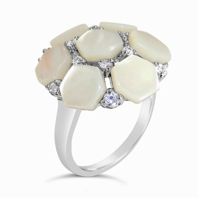 Sterling Silver Ring Hexagon Mother of Pearl Form Flower with Clear Cubic Zirconia