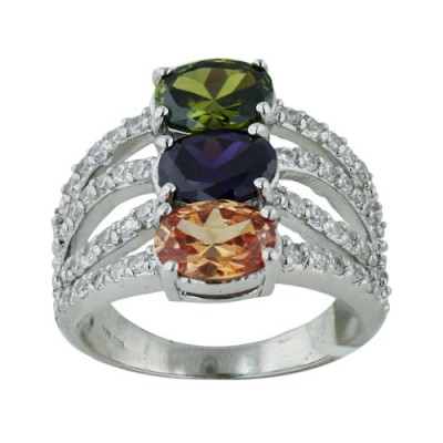 Sterling Silver Ring Champagne/Amethyst/Olivine Oval Cubic Zirconia Multiple Strand of Clear Cubic Zirconia