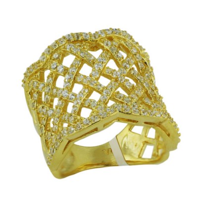 Sterling Silver Ring Concave Criss Cross Pattern Paved in Clear Cubic Zirconia