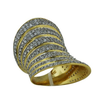 Sterling Silver Ring Concave Wave Clear Cubic Zirconia and Gold Lines