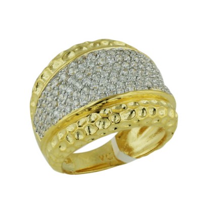 Sterling Silver Ring Clear Cubic Zirconia Face Hammered Gold Side